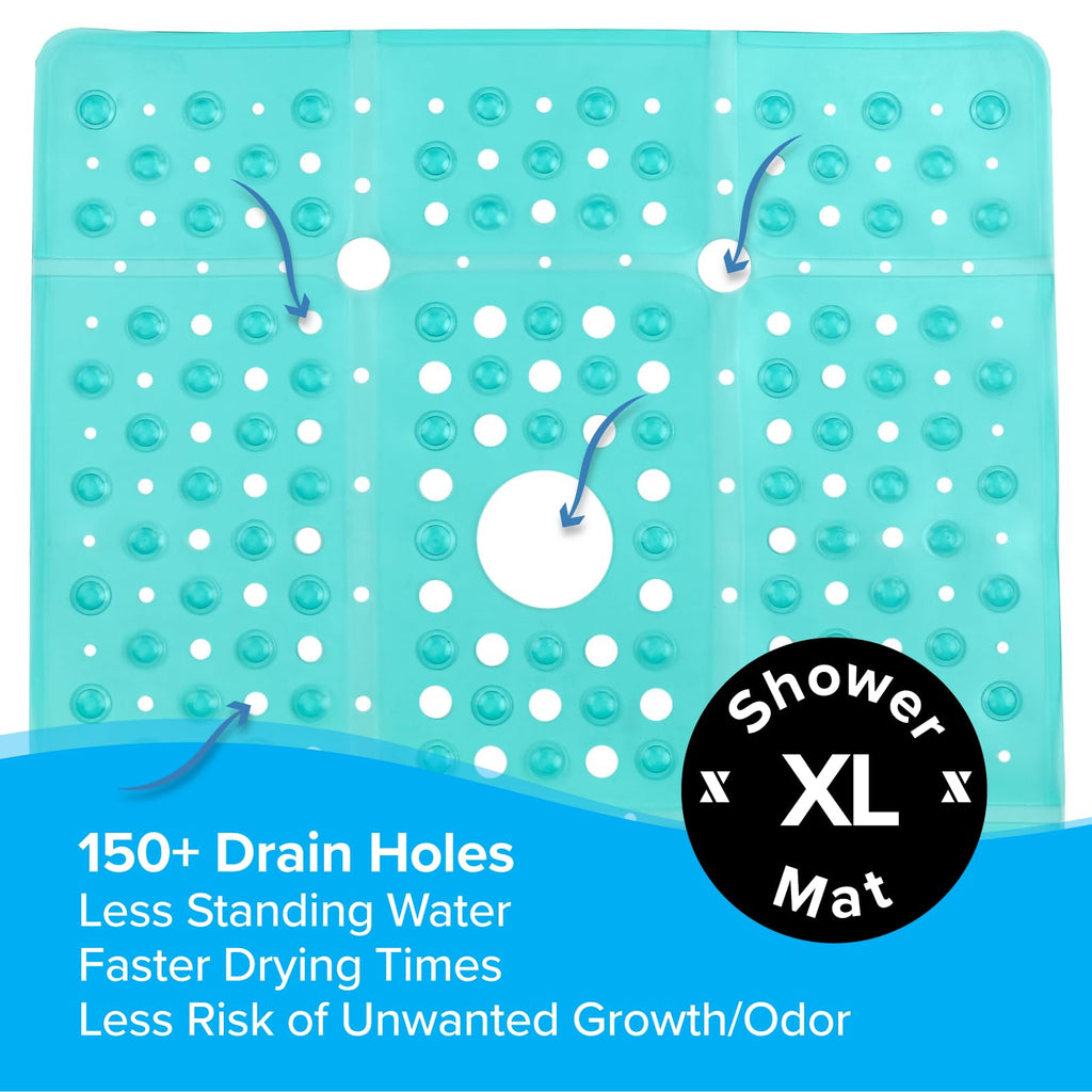 SlipX Solutions Square Shower Mat, Extra Large 27"x27", Non-Slip Stall Mat for Elderly & Kids Standing Bath Tub Mat, Machine Washable, Suction Cups, Transparent Aqua