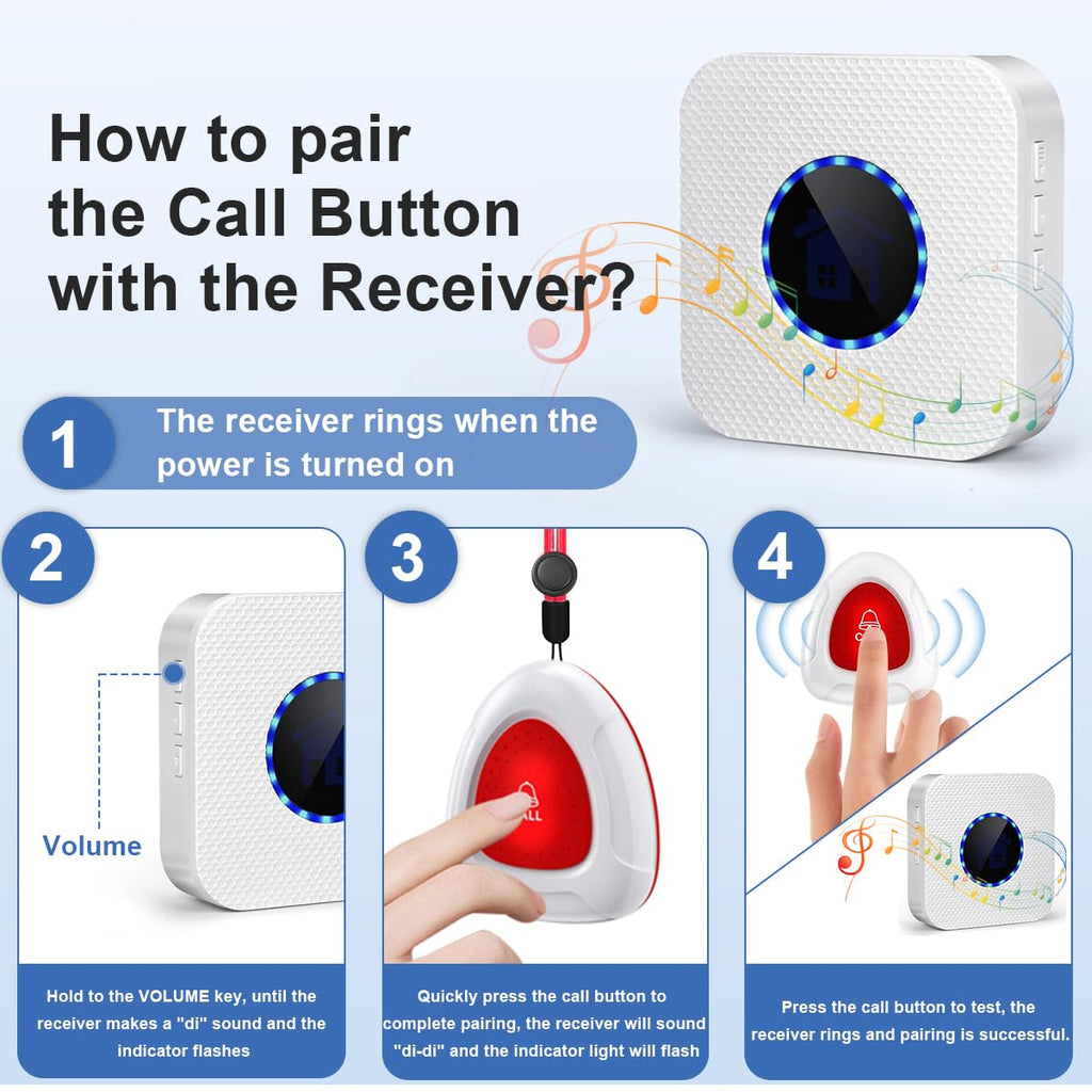Caregiver Pager Wireless Call Buttons for Elderly Monitoring Smart Call System Alert Button for Seniors 1 SOS Call Buttons/Transmitters 2 Receivers Nurse Calling Alert for Home/Personal Attention