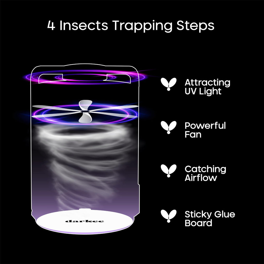 Meet Darkee - The Street Killer for Fruit Flies & Mosquitoes with Auto & Manual Modes, Mighty UV Light | Just Plug in to Catch Gnats in Trap Prison. Use 5 Sticky Bullets to Kill Indoor Pests Wisely.