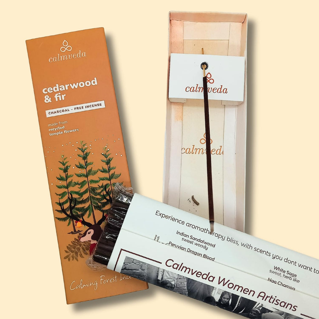 Calmveda Balsam Cedar Incense Sticks - (80 Scented Sticks) Charcoal Free, Made from Upcycled Flowers | Like Freshly Cut Christmas Tree Incense Sticks, Cypress Woodsy & Moss Notes | for Holiday Cheers