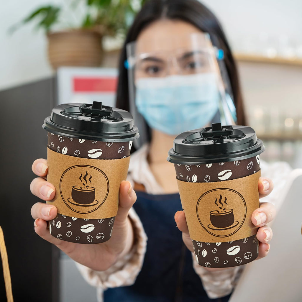 JOLLY PARTY Disposable Coffee Cups with Lids, Sleeves and Straws - 12oz(100 Pack) Paper Coffee Cups with Lids, Durable, BPA Free Hot Coffee Cups for Shops, Cafes, and Concession Stands(Dark Brown)