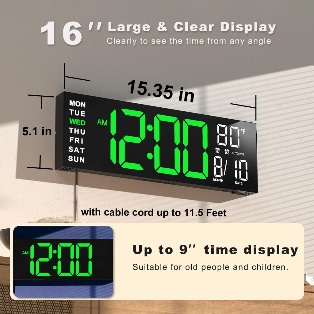 JALL 16" Large Digital Wall Clock Timer, Remote Controll, 2 Alarms, LED Display, 8 RGB Color, Auto DST, Temperature for Living Room, Bedroom, Desk, Mounted, Gift for Elderly (Green White, 16 inches)