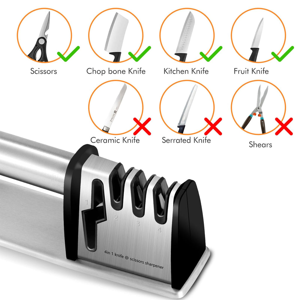 Knife Sharpeners, 4 in 1 Professional Chef's Kitchen Knife Accessories, Kitchen Blade & Scissors Sharpening Tool, Manual Knife Sharpener for Kitchen Knife