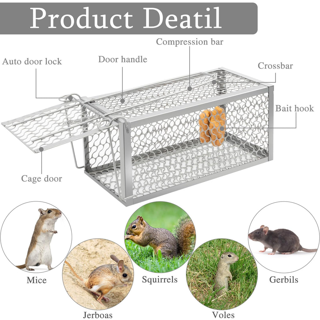 Humane Rat Trap Chipmunk Rodent Trap Mouse Trap Squirrel Trap Small Live Animal Trap Mouse Voles Hamsters Live Cage Rat Mouse Cage Trap for Mice Easy to Catch and Release (Silver,2 Pcs)