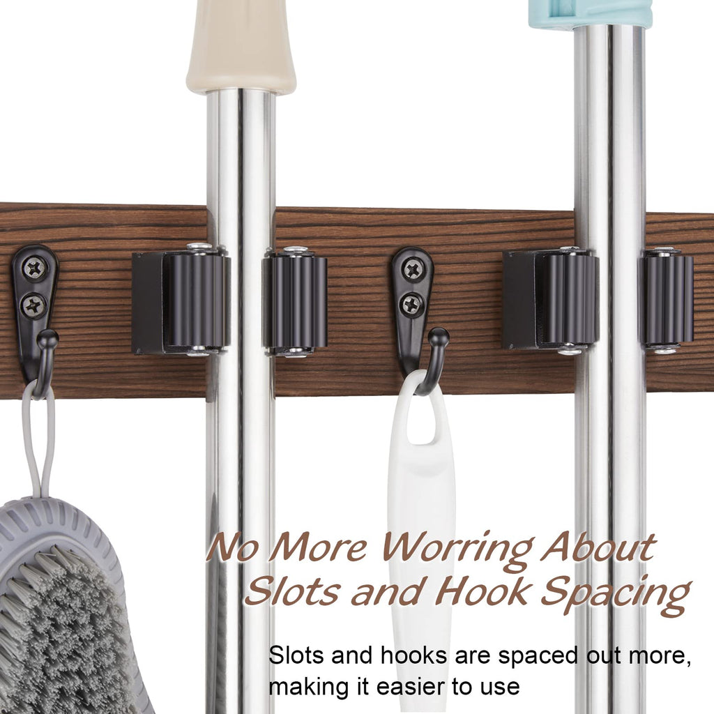 OUTNILI Mop Broom Holder Wall Mount with 3 Slots & 4 Hooks - Wood Broom Mop Hanger for Pantry Kitchen Organization - Garden Tool Organizer for Closet Laundry Room - for Rustic Farmhouse Kitchen Decor