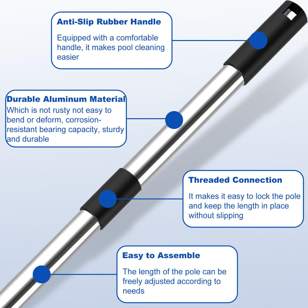 QNFANN Pool Pole Telescopic 12 Ft Heavy Duty, Professional Adjustable Stainless Steel Swimming Pool Pole for Skimmer Net, Brush, Vacuum Head, Strong Grip & Lock, Pool Cleaning Pole, Pool Brush Pole