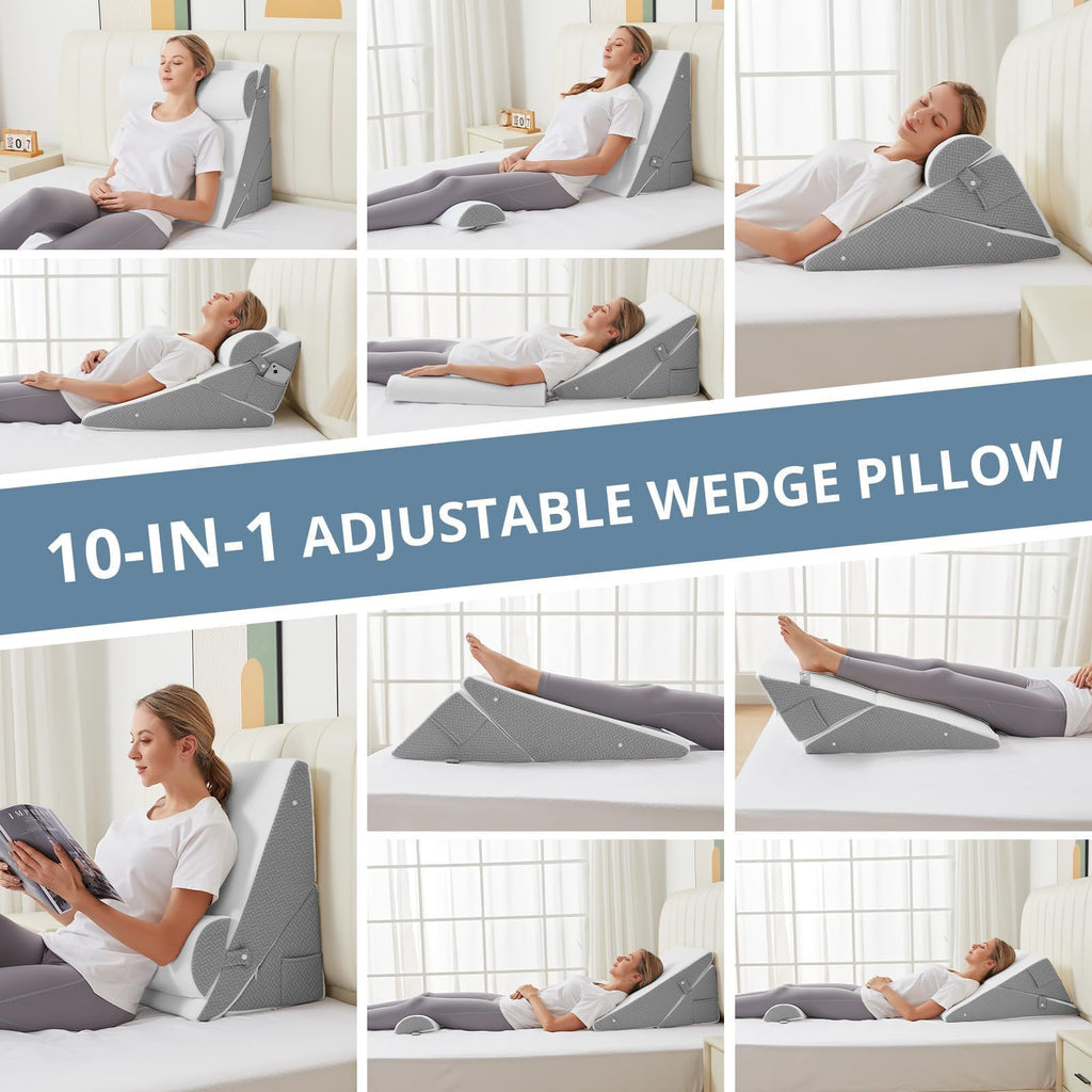 Sasttie Wedge Pillow for Headboard, Adjustable Bed Wedge Pillow Set with Orthopedic Memory Foam Neck Cushion – for Acid Reflux, Neck & Back Support, and Post-Surgery Recovery, White and Dark Grey
