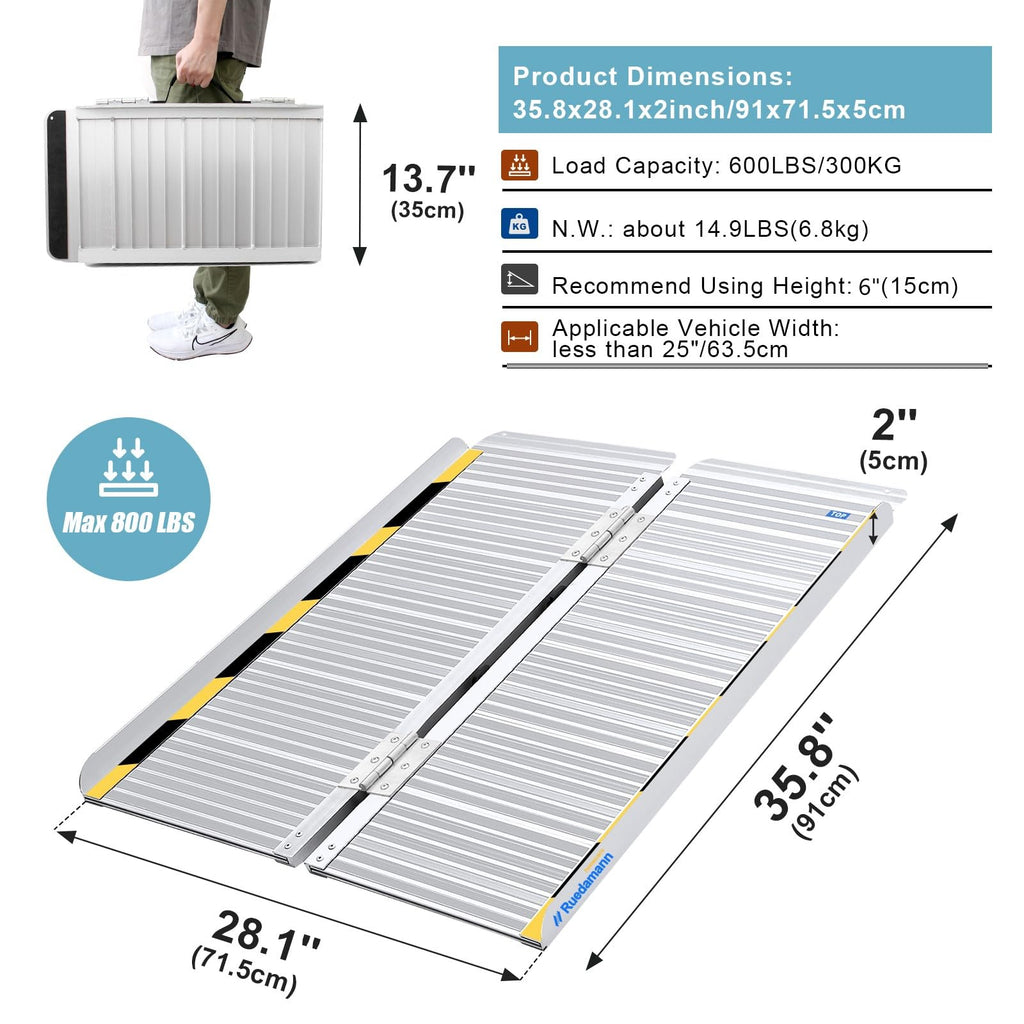 Ruedamann 35.8" L×28.1" W Threshold Ramp,3ft Wheelchair Ramps,Using Height 6",600lbs Capacity for Home,Steps,Stairs,Handicaps,Doorways,Aluminum Folding Ramps for Wheelchairs