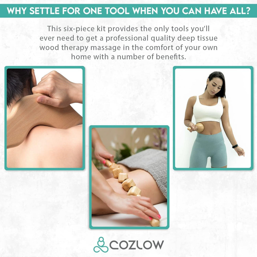 COZLOW 6-in-1 Wood Therapy Massage Tools, Professional Maderoterapia Kit for Body Shaping & Sculpting, Lymphatic Drainage Massage Rollers w/Wooden Cup & Scraper for Reducing Cellulite Appearance