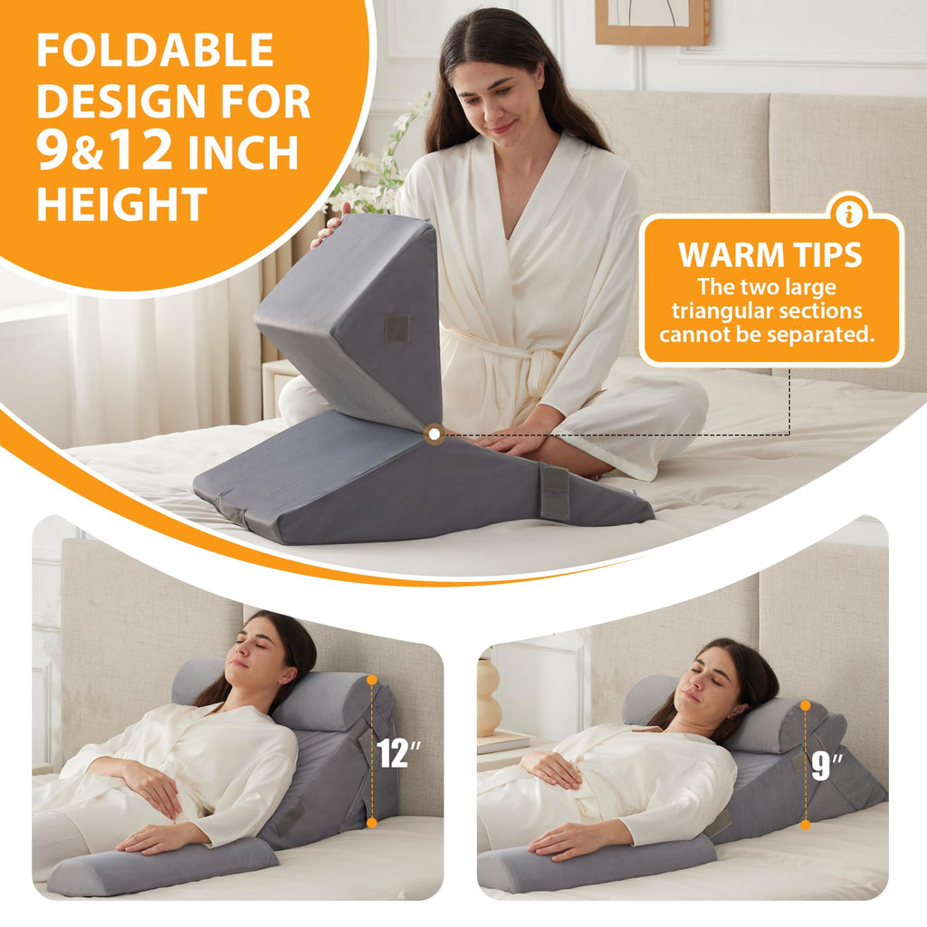 Ruqmuis 3PCS Wedge Pillow Set for After Surgery, Wedge Pillow Headboard, Adjustable 9&12 Inch Bed Pillow Wedge for Sleeping, Acid Reflux, Orthopedic Pillow Wedge for Back Pain Relief, Gerd, Velvet