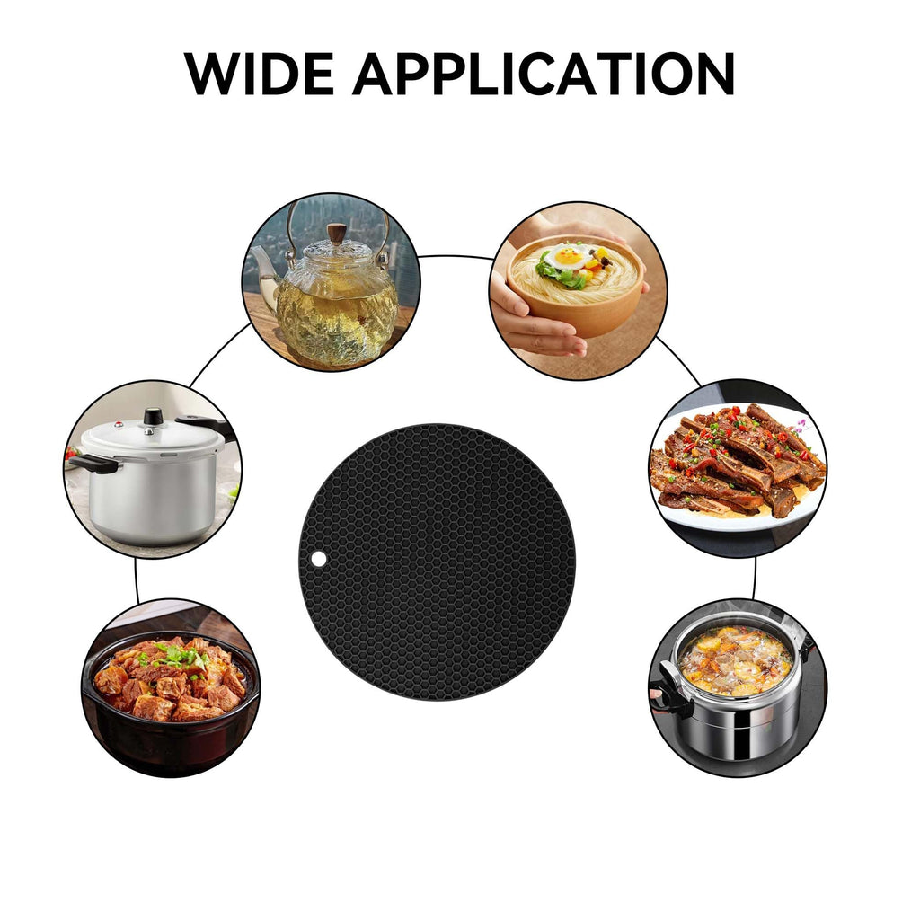 Silicone Trivet Mats,Heat Resistant Pot Holders, Multipurpose Non-Slip Hot Pads for Kitchen Potholders, Hot Dishers, Jar Opener, Spoon Holder, Food Grade Silicone(Black Size Round 7''x7'')