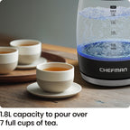 Chefman Electric Kettle, 1.8L 1500W, Hot Water Boiler, Removable Lid for Easy Cleaning, Auto Shut Off, Boil-Dry Protection, Stainless Steel Filter, BPA Free, Borosilicate Glass Electric Tea Kettle