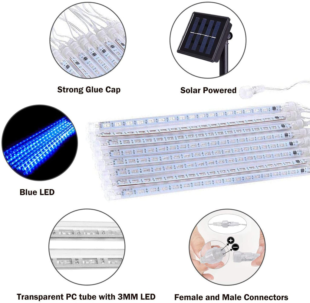 JMEXSUSS 2 Pack Solar Meteor Shower Lights Outdoor Christmas Lights, Blue Meteor Falling Rain Lights Cascading String Lights Waterproof for Tree Garden Party Christmas Decor, Total 16 Tubes 288 LED