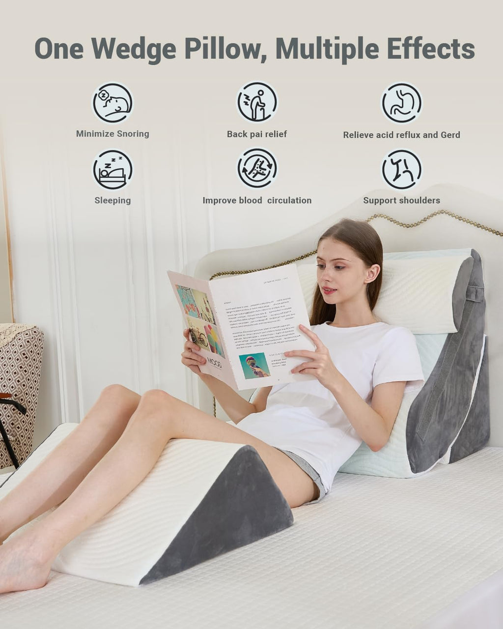 XICIKIN Orthopedic Bed Wedge Pillow Set, 2-Layer Memory Foam for Back, Leg Pain Relief, Comfortable Support, Post Surgery Adjustable Pillows Sitting and Sleeping(4pcs,22" Wide,White Grey)