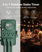 BN-LINK 7 Day Heavy Duty Outdoor Digital Stake Timer, 6 Outlets, Weatherproof, Perfect for Outdoor Lights, Sprinklers, Christmas Lights
