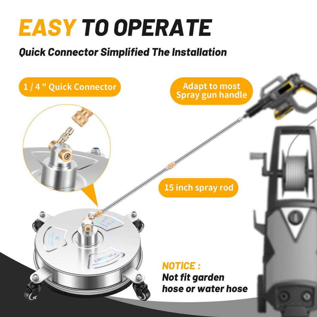 14" Pressure Washer Surface Cleaner with 4 Wheels - Stainless Steel Surface Cleaner for Pressure Washer Attachment for Concrete, Patio, Sidewalk, Deck and Driveways - PWS14