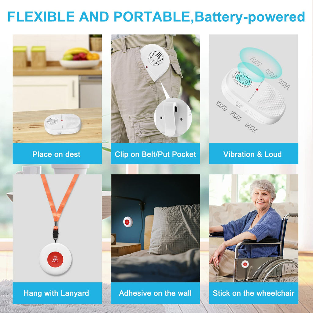 CallToU Wireless Caregiver Pager Call Button for Hard of Hearing Waterproof 500+ FT Nurse Alert System Elderly Monitoring Patient/Seniors 3 Panic Button 1 Plug-in 1 Vibration Receiver