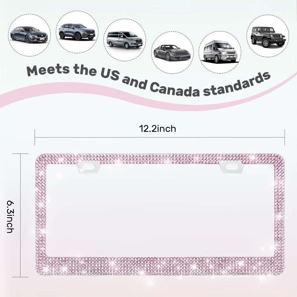QUANQIUFEI 2 Pack Bling License Plate Frames, Sparkly Rhinestone Diamond Car License Plate Cover for Women, Stainless Steel Car Accessories with Glitter Crystal Caps (Light Rose)
