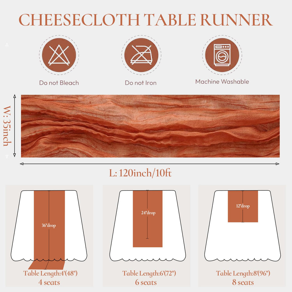 6 Pieces Terracotta Cheesecloth Table Runner 10ft, Rustic Burnt Orange Gauze Cheese Cloth for Boho Wedding Decor Bridal Shower Engagement Thanksgiving Christmas Table Runner