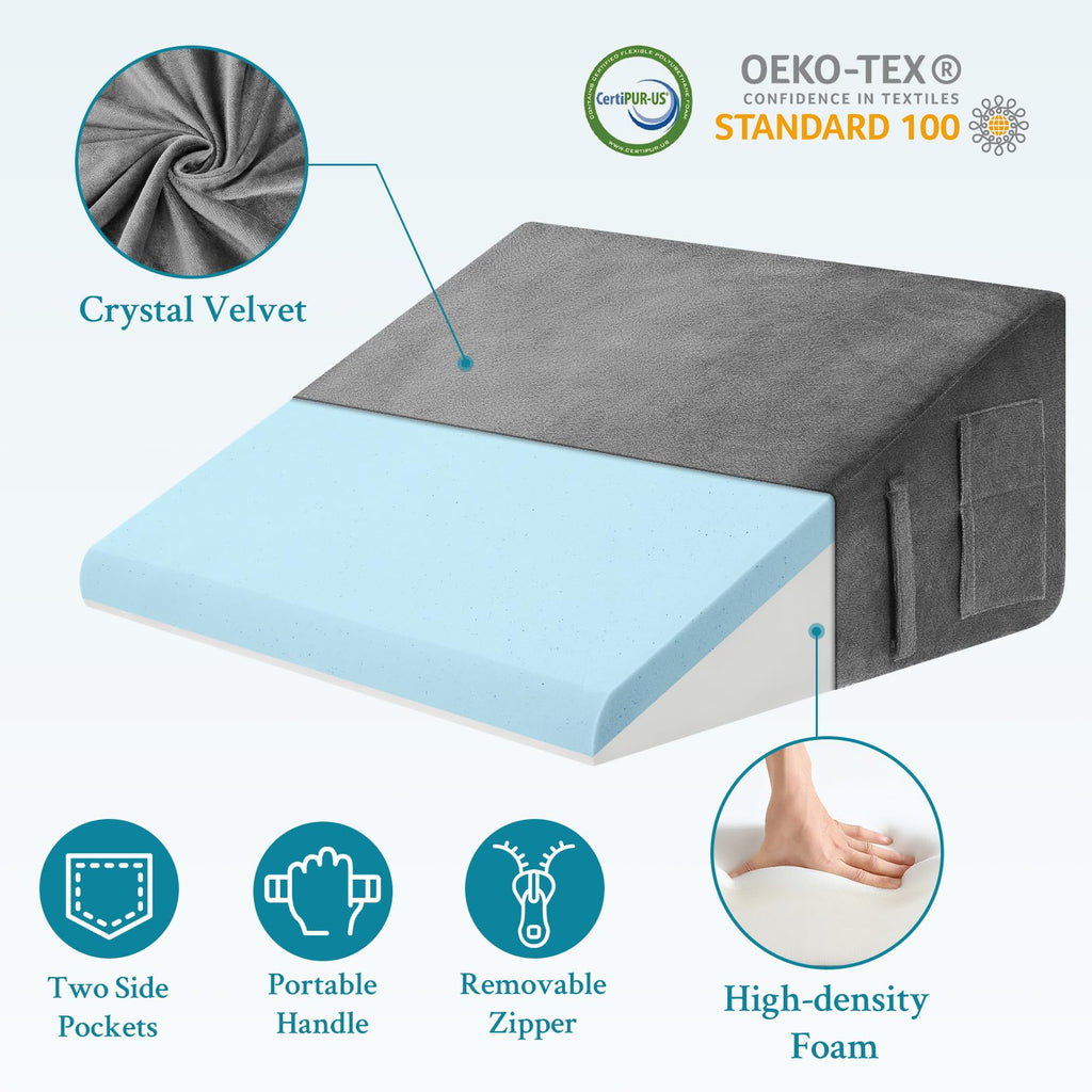Domusensus Wedge Pillow for Sleeping, 12" Bed Wedge Pillow for After Surgery, Triangle Pillow Wedge for Heartburn, Acid Reflux, GERD, Back Pain Relief, Neck Pain, Soft & Cooling Memory Foam Top
