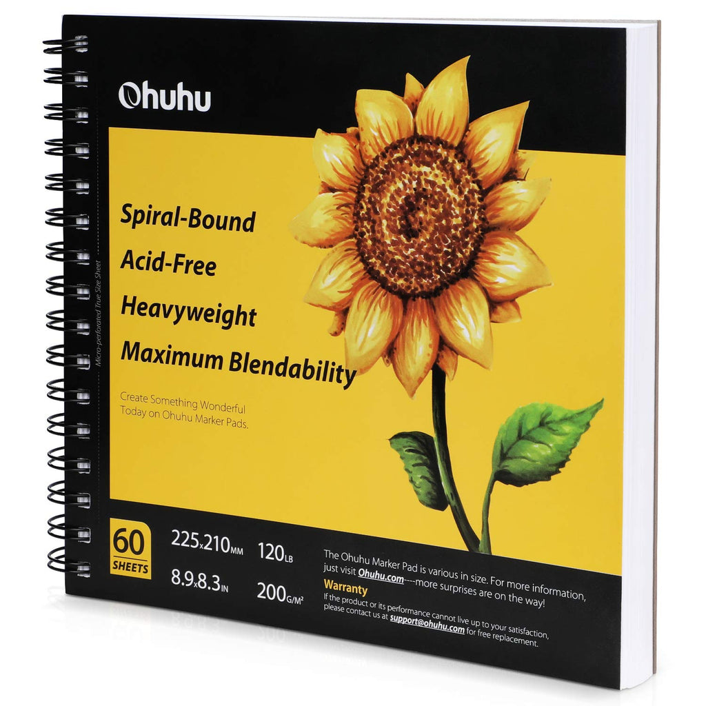 Art Marker Paper Pad, Ohuhu 8.9"x8.3" Portable Square Size, 120 LB/200 GSM Drawing Papers, 60 Sheets/120 Pages, Spiral Bound Drawing Book for Alcohol Markers Christmas Gift