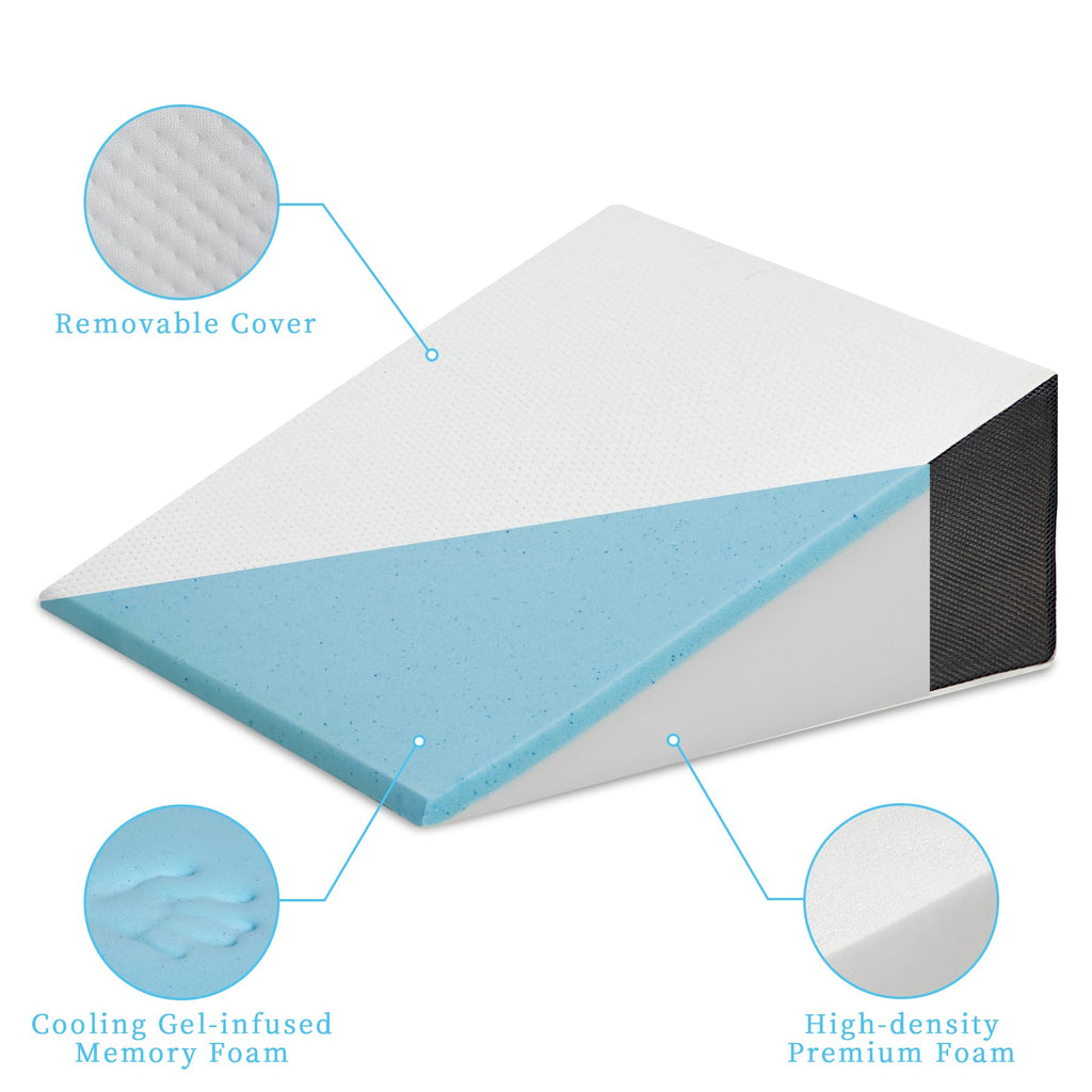 Touchutopia Bed Wedge Pillow for Sleeping, 12" 24" 24" Triangle Cooling Memory Foam Top, Elevated Support Wedge Pillow - Removable Washable Cover
