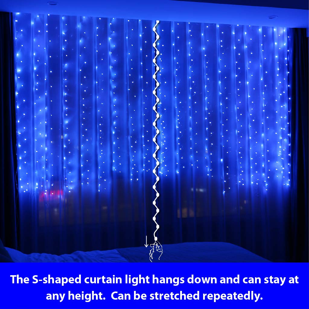 HXWEIYE 300LED Blue Fairy Curtain Lights with Remote 8 Modes Timer for Bedroom, 9.8x9.8Ft USB Plug in Christmas Fairy Hanging String Lights for Outdoor, Weddings, Party, Garden, Wall, Decorations