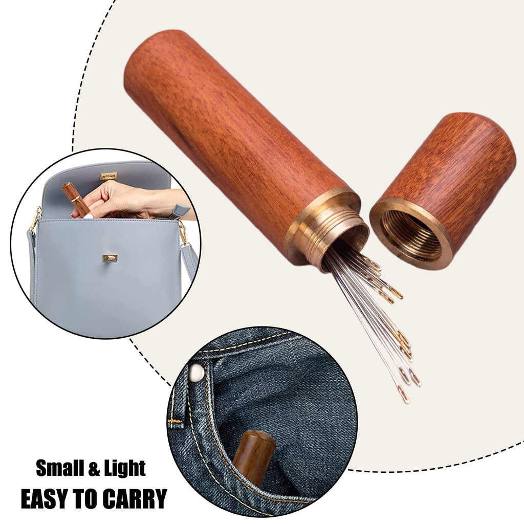YAWALL Self Threading Needles for Hand Sewing - 24 Pieces Easy Thread Needles for Hand Sewing,Embroidery Side Threading Hand Sewing Needles with Wooden Needle Case Carving Pattern