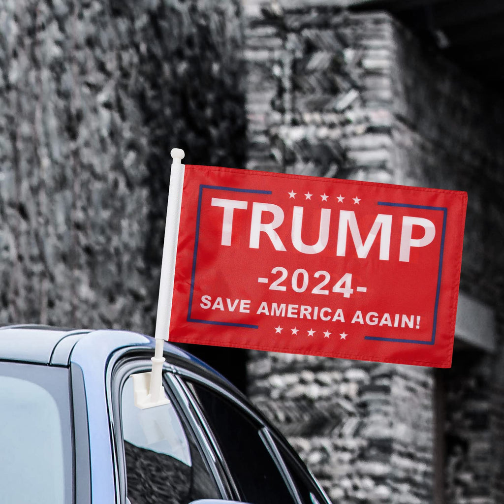 2 Pack Car Flags,Car Flag Donald Trump 2024 Save America Again Flag Outdoor and Car Flag Pole, Car Logo Window Clip Can be Clipped to Most Windows 14 inch Flag Pole and 16 x 10 inch Double Sided Flag