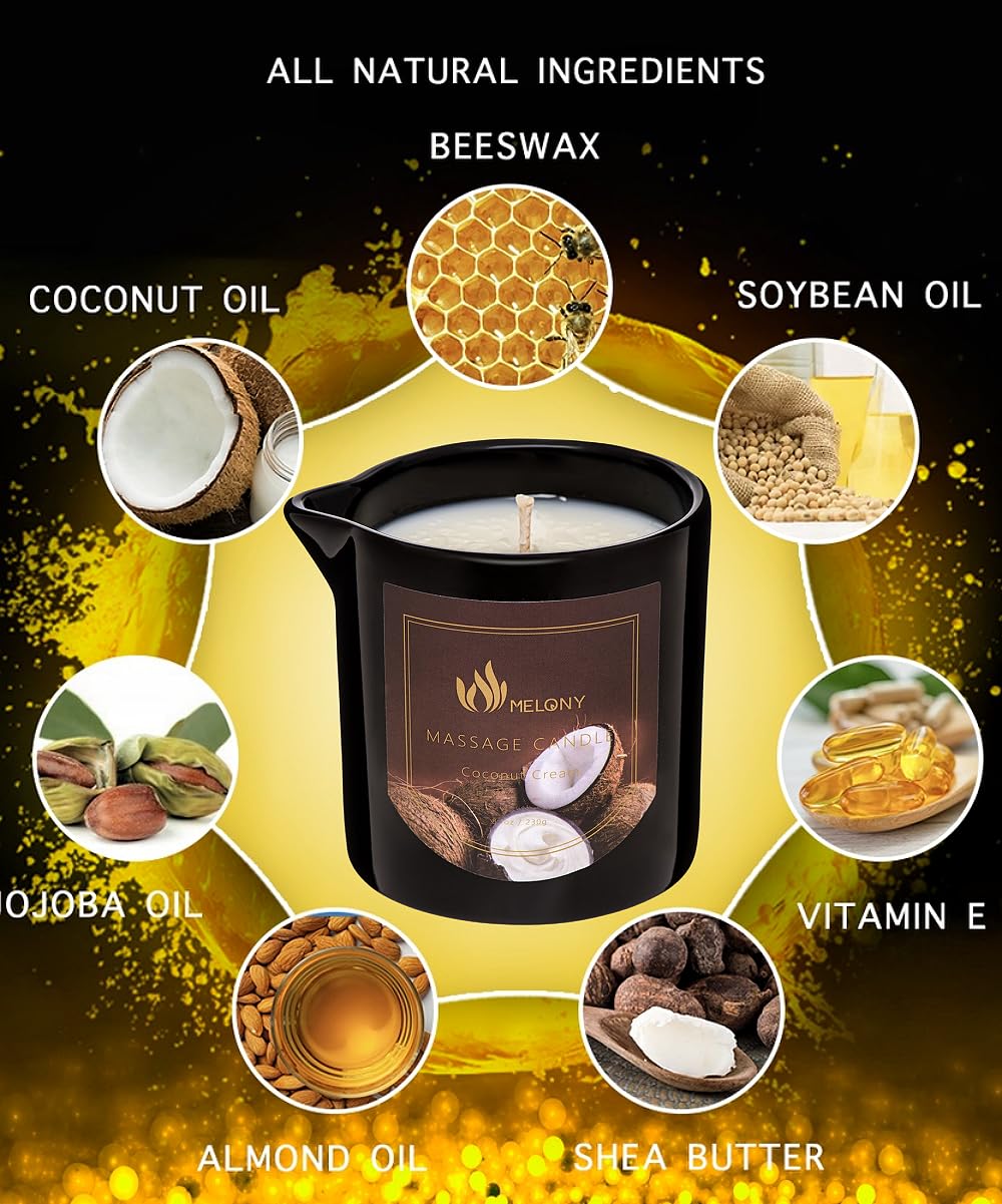 MELONY Massage Oil Candle | Great for Calming, Soothing and to Relax | with Natural Soy Wax | 8.1oz (Coconut Cream)