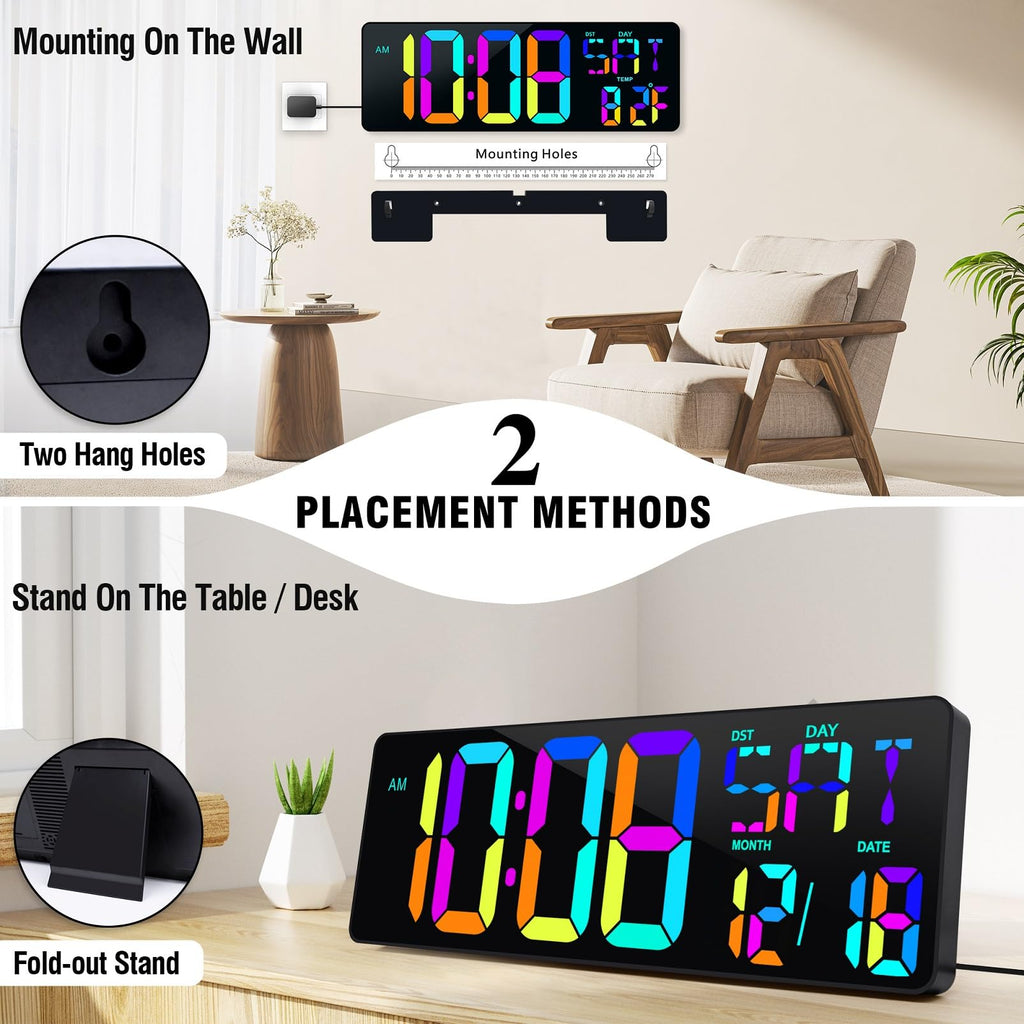 TXL Large 16.5" LED Digital Wall Clock, RGB Color Changing, Count Up/Down Timer Clock with Remote Control, Adjustable Brightness Alarm Clock for Home, Office, Gym, Elderly, Auto DST
