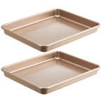 HONGBAKE 2 Pack 11 x 9 Inch Toaster Oven Pans and Trays, Small Baking Sheet Set for Cooking, Non-Stick Cookie Sheets, Heavy-Duty 0.8mm Thick, Easy to Clean, 1.26 Inch Deep, Gold