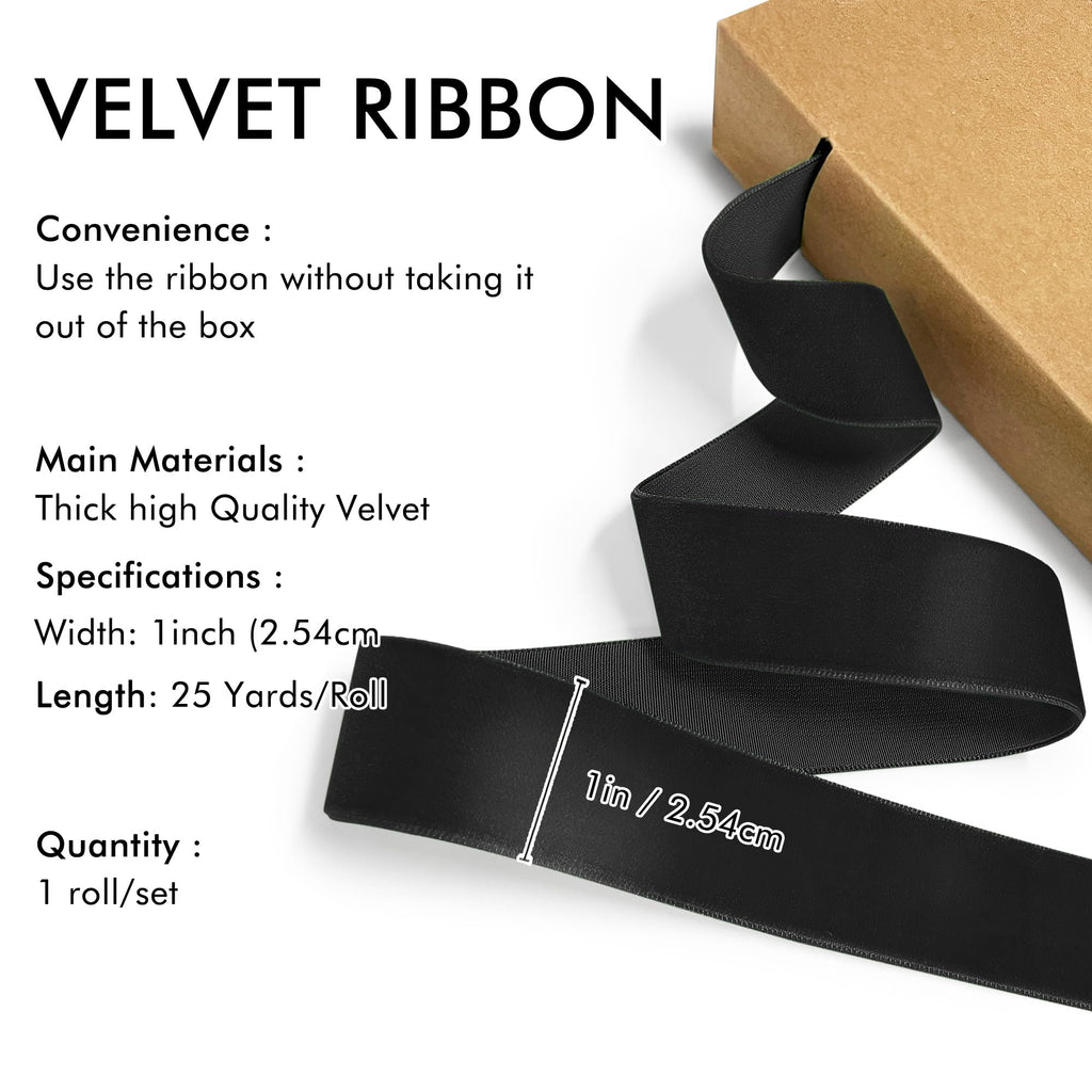 Black Velvet Ribbon 1'' 25 Yards for Christmas Tree, Gift Wrapping, Flower Bouquet, Wreath Decorations, Bow Making