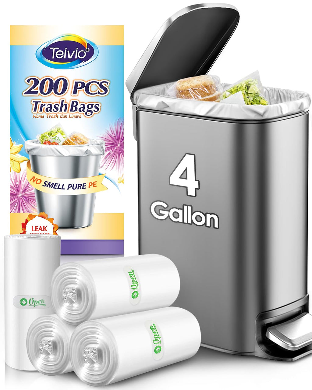 Small Trash Bags 4 Gallon 200 Counts Garbage Bags, Bathroom Trash Can Bin Liners, Small Plastic Bags for home office kitchen, fit 12-15 Liter, 3,3.5,4.5 Gal, Clear