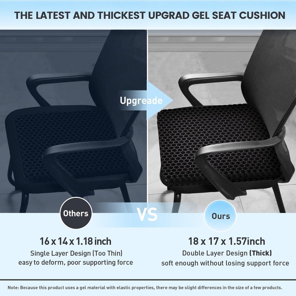 XSIUYU Extra-Large Gel Seat Cushion for Long Sitting - Back, Hip, Tailbone Pain Relief Cushion - Gel Seat Cushion for Office Chair, Cars - Egg Seat Gel Cushion for Wheelchair Pressure Relief Black