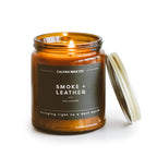 Calyan Wax Co. Soy Wax Candle, Smoke + Leather Scented Candle for The Home | Premium Candle with Essential Oils | 7.2 oz 57 Hour Burn | Soy Candle in Amber Glass Jar | Aromatherapy, Gift