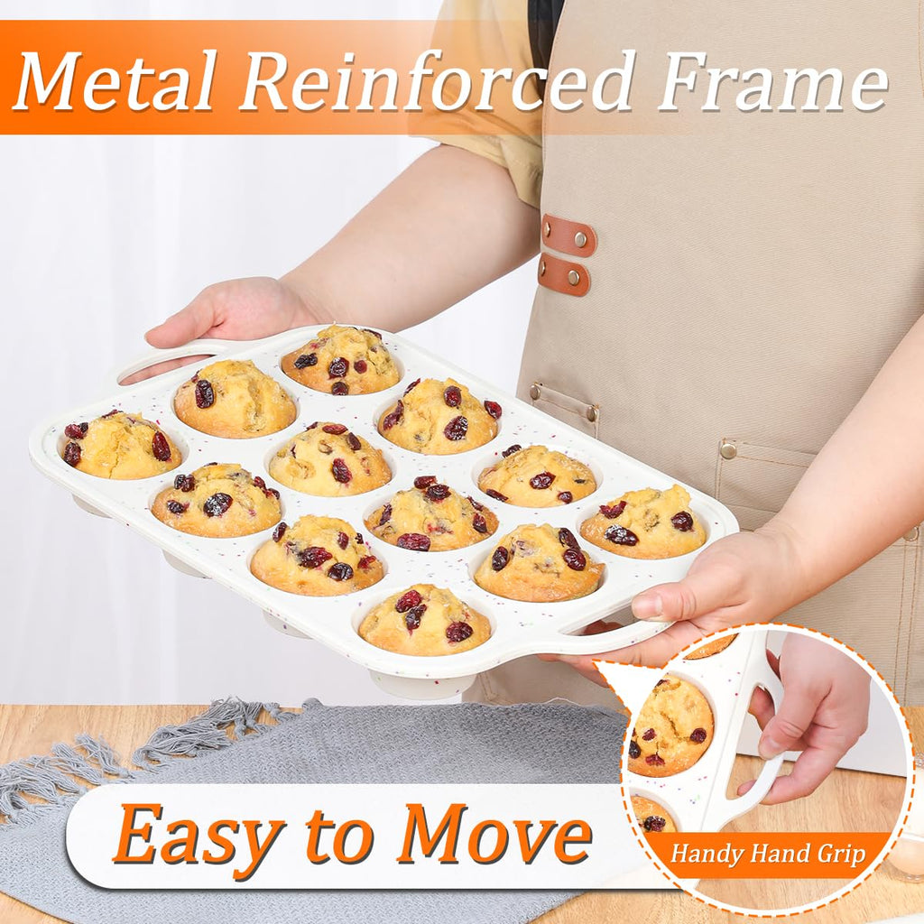 Silicone Muffin Pans for Baking, Metal Reinforced Frame Regular 12 Cups & Mini 24 Cups Cupcake Pan Set Nonstick Muffin Pan for Homemade Baking Easy to Handle