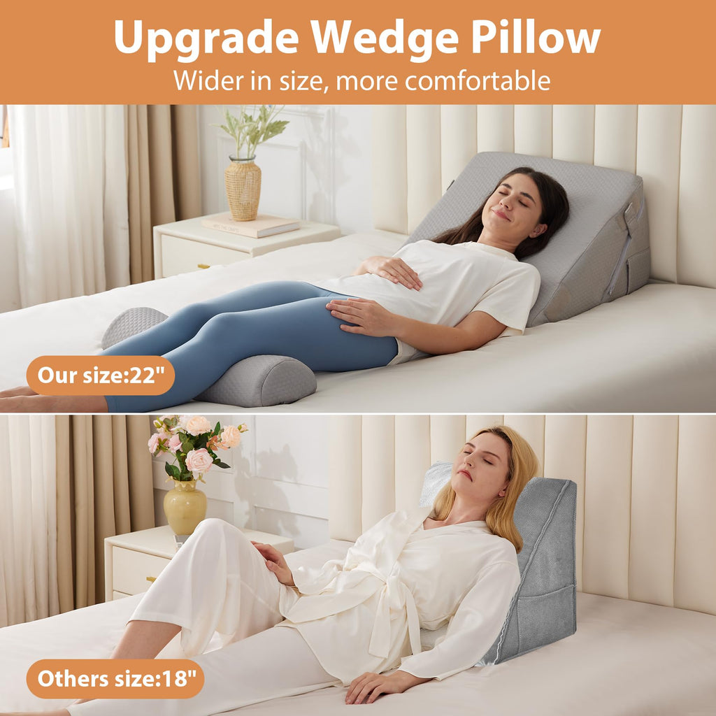 BIEEZZK 3PCS Wedge Pillow Set, Adjustable Wedge Pillow Headboard, Bed Wedge Pillows for Back Pain Relief, Sleeping, Post Surgery, Back Support Pillow for Bed Sitting Up, Snoring, GERD,Grey