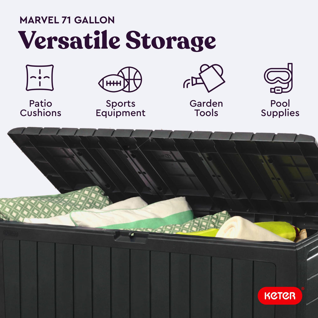 Keter Marvel Plus 71 Gallon Resin Deck Box-Organization and Storage for Patio Storage Box Outdoor Cushions, Throw Pillows, Garden Tools and Pool Accessories, Dark Grey