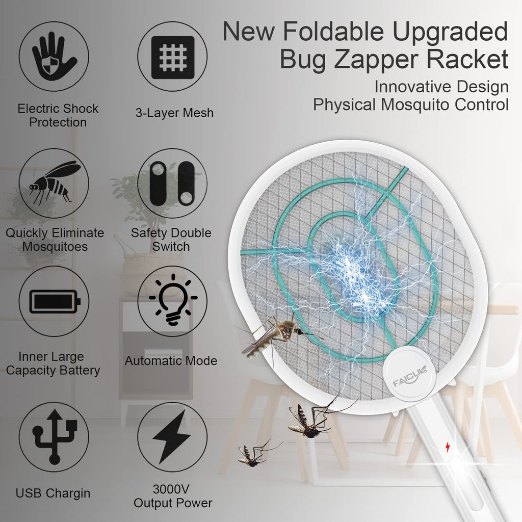 Faicuk Upgraded Foldable Bug Zapper Racket 2 in 1 Rechargeable Electric Fly Swatter Racket