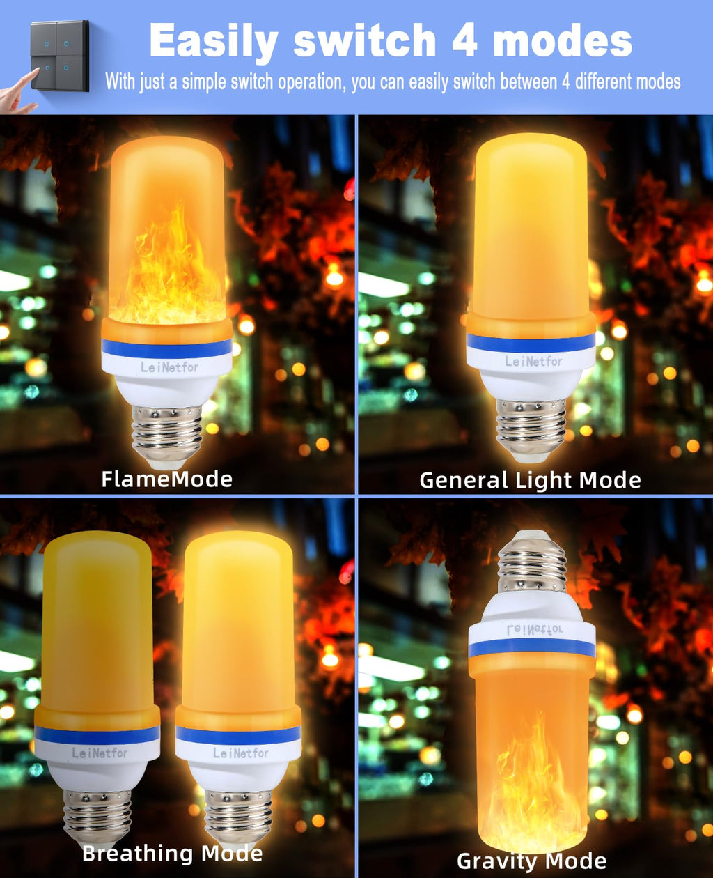 LeiNetfor Led Flame Effect Light Bulb, 4 Modes Flickering Light Bulbs Halloween Decorations,E27 Base Outdoor Led Fire Light Bulbs with Gravity Sensor for Christmas,4W Flame Light Bulbs (Yellow-4Pack)