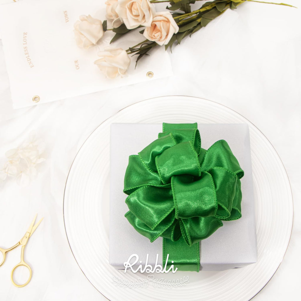 Ribbli Emerald Green Satin Wired Ribbon 1.5 Inch Green Christmas Ribbon for Gift Wrapping Wreaths Garland Tree Decoration Crafts Home Decor-Continous 20 Yards