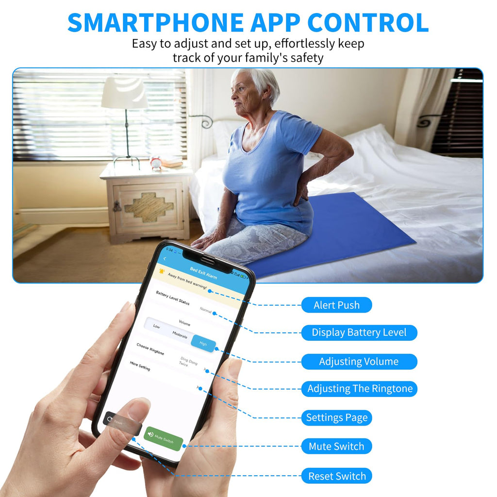 Briidea WiFi Bed Alarms and Fall Prevention for Elderly with 20'' x 28'' Weight Sensing Bed Pad (Wireless Alarm Included), Instant Alert Notifications with App Control