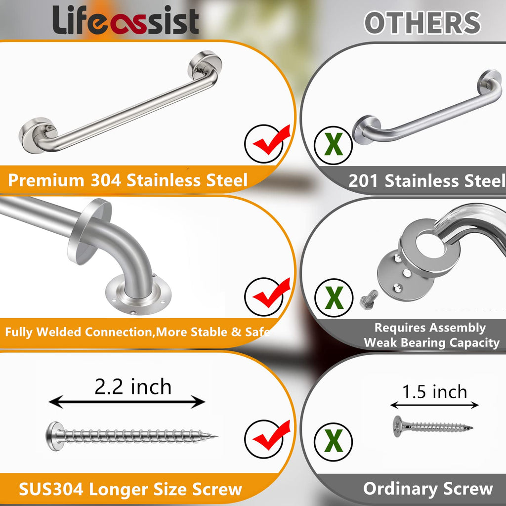 2 Pack Grab Bars for Bathroom, 18 Inch Chrome Stainless Steel Shower Grab Bar, Concealed Screw Balance Assist Safety Bath Handrail, 500lbs Support Shower Handle for Handicap, Elderly, Injury
