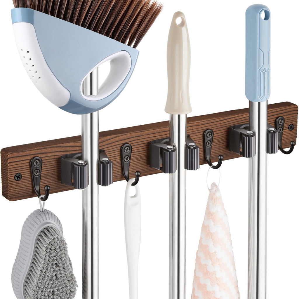 OUTNILI Mop Broom Holder Wall Mount with 3 Slots & 4 Hooks - Wood Broom Mop Hanger for Pantry Kitchen Organization - Garden Tool Organizer for Closet Laundry Room - for Rustic Farmhouse Kitchen Decor