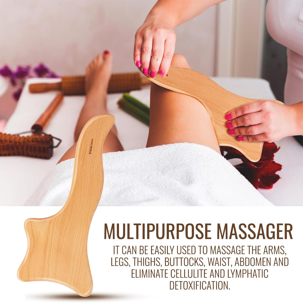 5-in-1 Wood Therapy Massage Tools Kit - Lymphatic Drainage Massager for Stomach, Thighs and HIPS | Maderoterapia Kit Professional for Muscle Pain Relief | Wooden Body Sculpting Tools | ViVACious