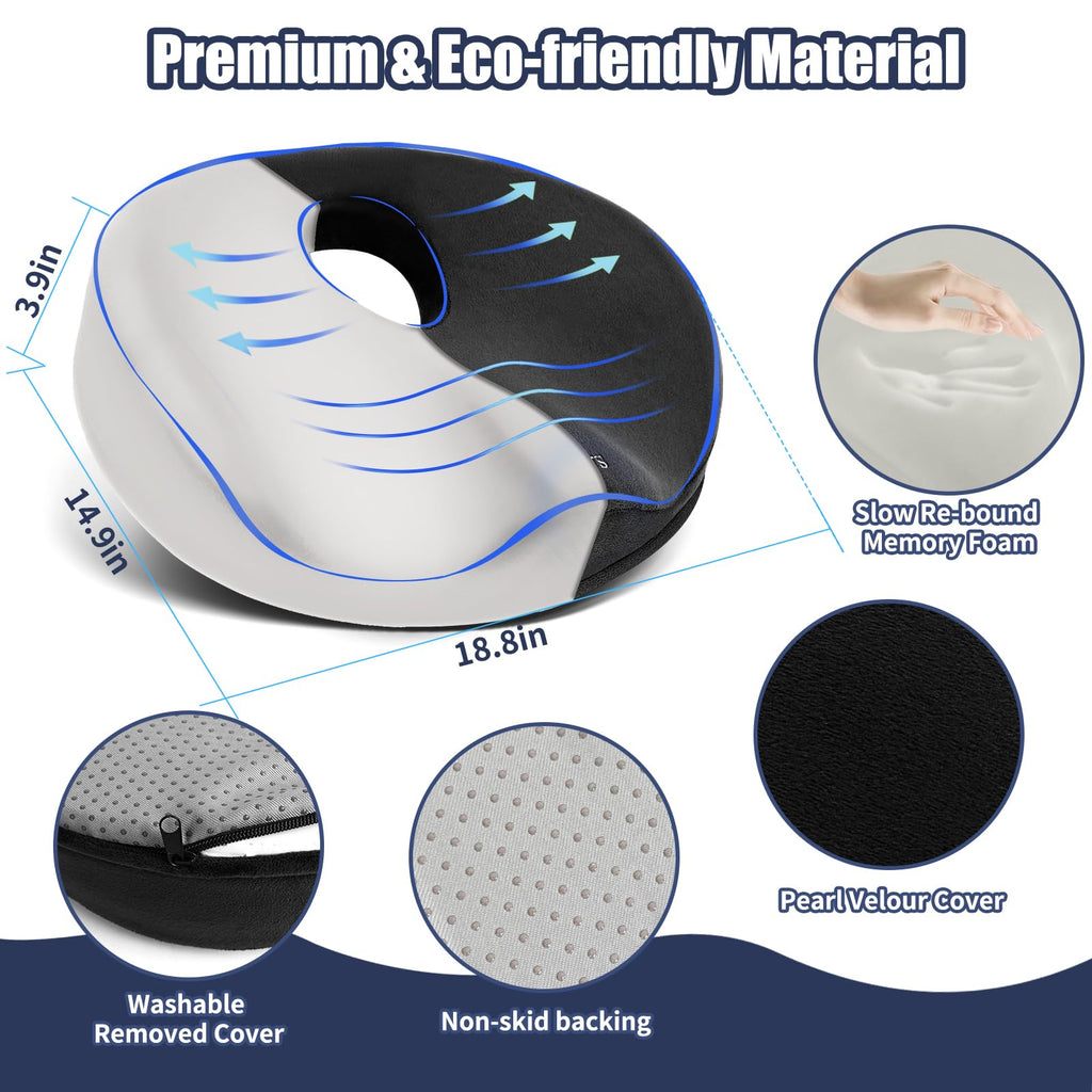 SAHEYER Donut Pillow for Tailbone Pain Relief and Hemorrhoids, Memory Foam Donut Cushion for Sciatica Nerve, Seat Cushion Butt Pillow for Men Women at Home Office Chair Car Long Sitting Comfort, Black