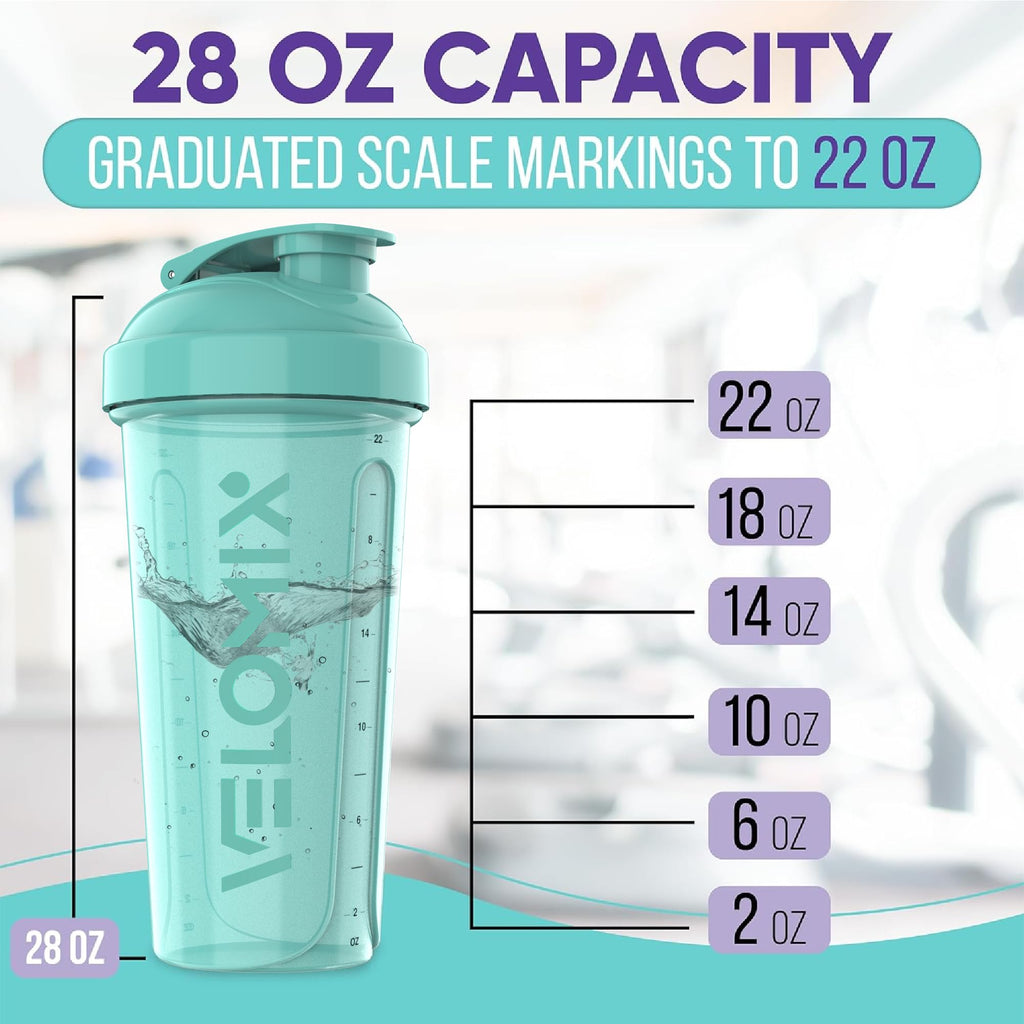 VELOMIX -2 Pack- 28 oz Protein Shaker Bottles for Protein Mixes - 2x Wire Whisk | Leak Proof Shaker Cups for Protein Shakes | Protein Shaker Bottle Pack | Shakers for Protein Shakes-Pink&Turquise