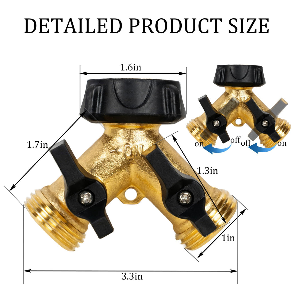 Brass Garden Hose Splitter 2 Way, 3/4 Inch Hose Connector Tap Splitter, Hose Y Splitter, Hose Spigot Adapter 2 Valves with Extra Rubber Washers