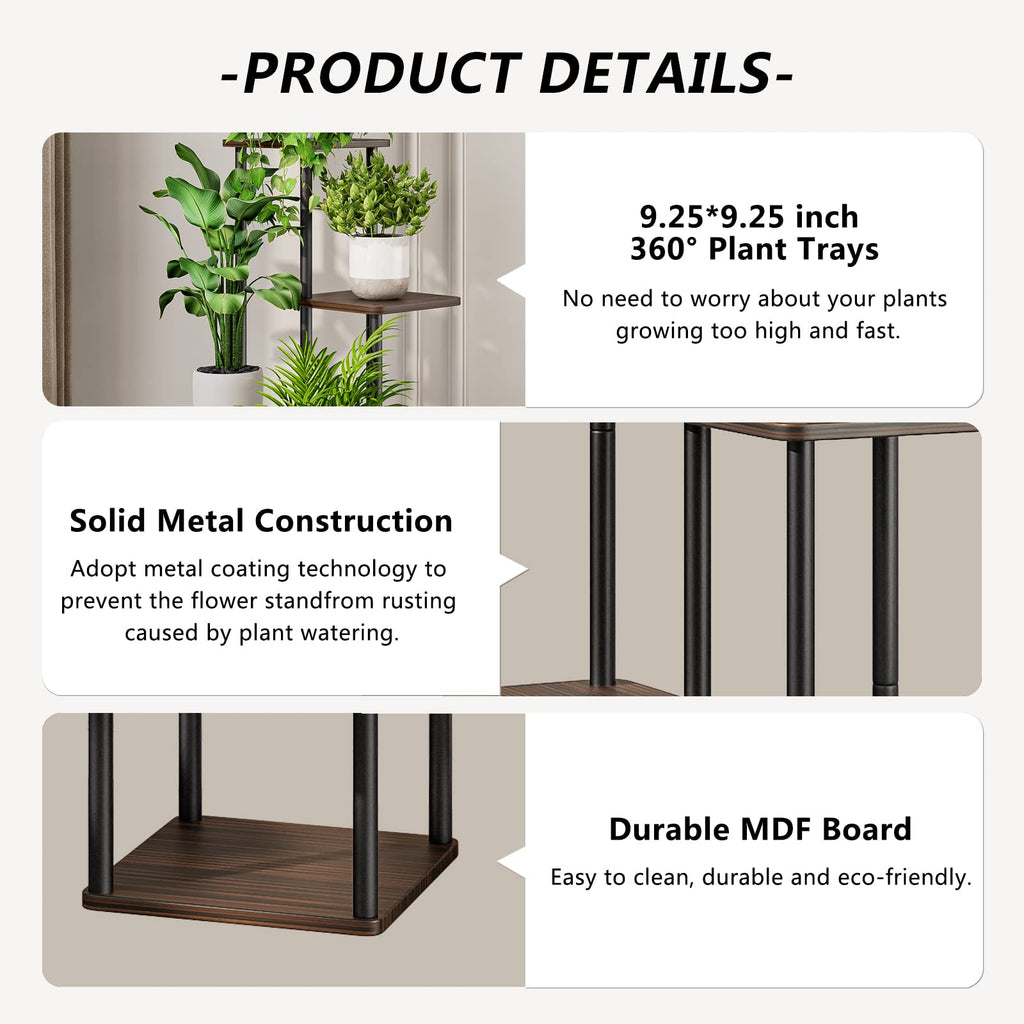 AZERPIAN Plant Stand 5 Tier Indoor Metal Flower Shelf for Multiple Plants Corner Tall Flower Holders for Patio Garden Living Room Balcony Bedroom, Black Oak (5 Tier-Black Oak)